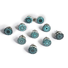 Set of 10 Ceramic Knobs with Floral Mosaic Patterns in Shades of Blue Hand Painted Handmade Handles for Cupboards, Drawers, Dressers and Hangers Classic Knobs 40mm Diameter