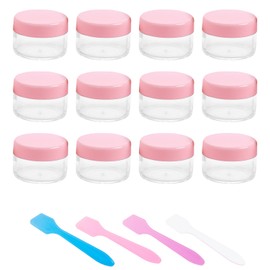 12 Pcs 15ml/0.5oz Small Travel Containers, 4 Pcs Makeup Spatula, Clear Plastic Cosmetic Jar Refillable Roun for Lotion Cream Products Sample Bottles, Plastic with Screw on Lid Container (pink)