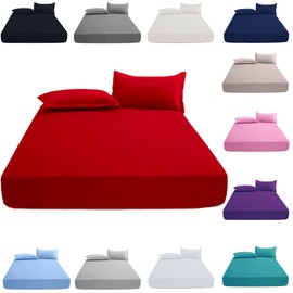 KHIM 100% Cotton 25CM/10inch Deep Fitted Sheet Single, Double, King & Super King Bed Sheets (Red - Single)