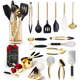 Black and Gold Kitchen Utensils Set - 23 Piece Luxe Black and Gold Kitchen Accessories Include Gold Measuring Cups and Spoons, Silicone Cooking Utensils, and Gold Kitchen Tools