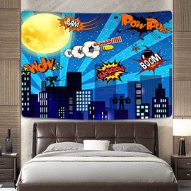 PocaBlife Blue Superhero tapestry for kids boys girls,boys birthday party decoration,Kids room Superhero city tapestry,living room bedroom wall custom decorative tapestry 59H x 110W