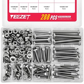 288PCS 1/4-20 Hex Bolts and Nuts Washers Assortment Kit, 304 Stainless Steel 18-8, Includes 9 Most Common Sizes, Fully Machine Thread