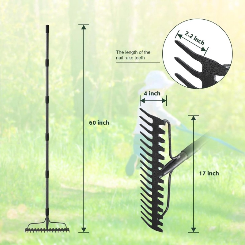 Nicecho DOUBLE SIDES Rake 17 tines with 63" long Garden