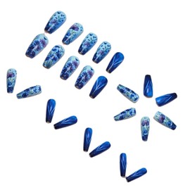 Spring Press on Nails Coffin Shaped Fake Nails Medium Length Glue on Nails with Blue Purple Flowers Cute Lily Floral False Nails Reusable Full Cover Acrylic Nails Stick on Nails for Women Manicure