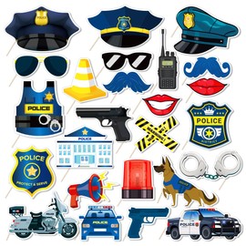 25Pcs Police Photo Booth Props with Stick, Officer Birthday Theme Selfie Props, Sheriff Party Supplies, Academy Graduation Photography Backdrop Decorations