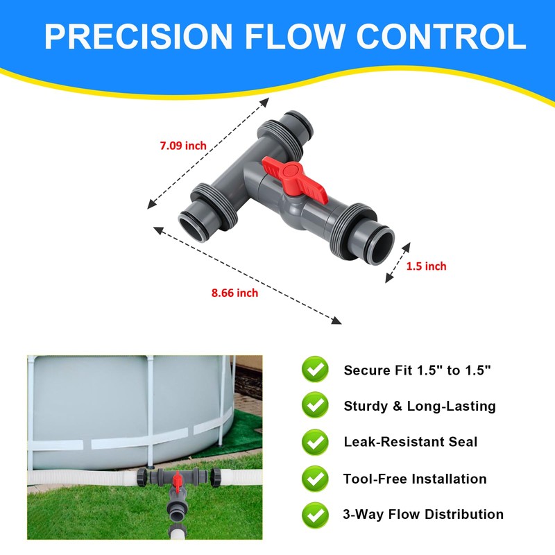 Pool Hose Connector with Shut-Off Valve, 1.5"to 1.5" T-Joint