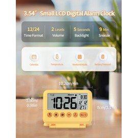 MeesMeek Digital Travel Alarm Clock - 3.54 inch LCD Display, 9-Minute Snooze, 2 Volume Levels, Backlight, Battery Included (Yellow)