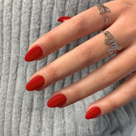 KQueenest Matte Red Press On Nails Short Oval Gel Fake Nails Round Acrylic Nails Press Ons Short Almond Nails Glue on Pure Color Stick On Nails For Women Girls Daily Wear, No Glue
