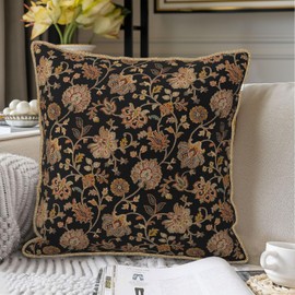 Vintage Tapestry Floral Soft Velvet Throw Pillow Covers Set of 2 Black Brown Bohemian Boho Carpet Flowers Decorative Pillow Covers 18x18 Inch Rustic Retro Rug Pillow Case For Sofa Couch Home Decor