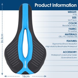 Bike Seat Bicycle Saddle with Light Buckle, Secpeak Ultra Comfortable Ergonomic Waterproof Breathable Bicycle Seat Cushion with Installation Tool and Rain Cover, Black+Blue