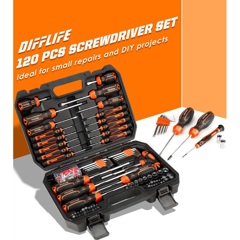 DIFFLIFE Screwdrivers Set with Case, 120-piece Includes Slotted, Phillips, Hex,