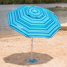 Tommy Bahama 7' Outdoor Beach Umbrella with ANCHORX Heavy Duty Sand Anchor and Carrying Bag, Portable Beach Umbrella with Anchor, Blue Stripe