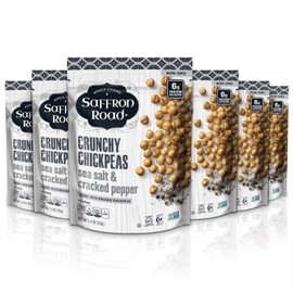 Saffron Road Roasted Sea Salt & Cracked Pepper Crunchy Chickpeas | High-Protein, Vegan, Gluten-Free, Non-GMO, Halal & Kosher Certified Snack | 5.4 oz Resealable Pouch | Pack of 6