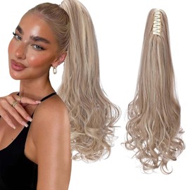 Real Fashion Claw on Clip in Ponytail Extension Long Straight to Curly Pony Tail Hair Extensions For Women 18" Sandy Blonde & Bleach Blonde