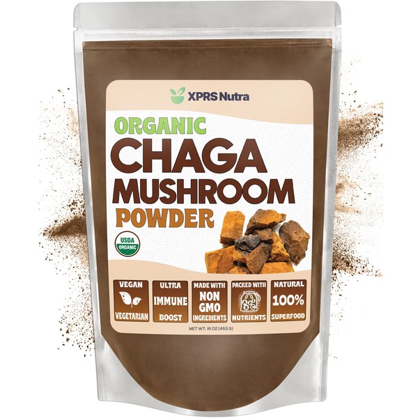 XPRS Nutra Organic Chaga Mushroom Powder - Premium USDA Organic Chaga Mushrooms Powder - Chaga Powder Supports Immune Health - Vegan Friendly Superfood for Chaga Tea and Beverages (16 oz)
