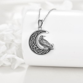 JERWLI Raven Crow Moon Necklace 925 Sterling Silver Raven Crow Pendant Jewelry Gifts for Women Raven Crow Lovers