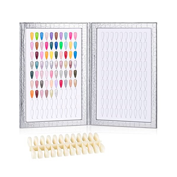 BNG Nail Colour Display Book Gel Polish Nails Art 180 Colors Card Chart with 240 Pcs False Nails Tips, Leather Book For Salon Sample Showing Tools, Silver
