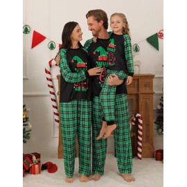 Naiyafly Matching Family Christmas Pyjamas Set Santa Clause Deer Print Pullover Shirt+ Plaid Long Pants Couple Matching PJs Xmas Sleepwear Nightwear Holiday Loungewear for Women Men Kids