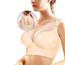 Runilut Women's Push Up Bra,Full-Coverage Underwire Bra,Hide Back Fat Deep Cup Bra,Smoothing T-Shirt Bra,Sculpting Uplift Bra Nude 38DDD