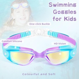 Water Space Kids Swimming Goggles, 2 Packs Swimming Goggles for Kids 3-14, Boys Girls Children Colored Swim Goggles Anti Fog,UV Protection,No Leaking