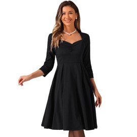Allegra K Women's Elegant 3/4 Sleeve High Waist Sweetheart Neck A-Line Pleated Midi Dress Large Black