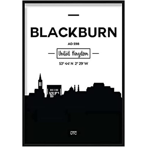 Artze Wall Art Blackburn City Skyline Cityscape Print, A1 Size, Black/White