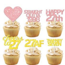 18pcs Gold Pink Glitter Dessert Cupcake Pick for Straight Outta 1998 Cheer to 27 Years Old Theme Decor Supplies Happy 27th Birthday Party Decoration