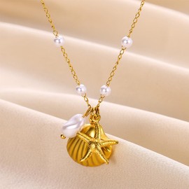 Shell Starfish Pearl Necklace Imitation Pearl Chain Necklace Gold Sea Shell Star Necklace Pendant for Women Dainty Summer Holiday Beach Surfer Jewelry Gift