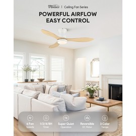 VONLUCE Ceiling Fans with Lights, 42 Inch Ceiling Fan and Remote, 6-Speeds Noiseless Reversible DC Motor, 3CCT, Wood Ceiling Fan for Farmhouse Bedroom Indoor Outdoor, White