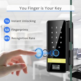 Glass Door Smart Lock,7 in 1 Upgrade Keyless Entry Glass Door Locks, Electronic Digital Locks for Glass Door, No Drill, Biometric Fingerprint Glass Gate Locks for Home,Office,Hotel,Patio,Store