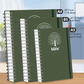 Mlife Notizbuch B5 Liniert, 300Seiten Spiralnotizbuch,PVC-Hardcover mit Lebensbaum-Aufdruck,100g/M² Tintenfestes Papier,Erweiterbare Taschen,Elastische Bänd,für Frauen, Männer,17.7x 25cm -Dunkelgrün