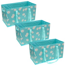 DURASACK Large Grocery Tote Bag 3-Pack All-Purpose Collapsible Tote Bags with Handles Kitchen Reusable Grocery Bags, Blue Daisies