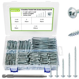 K Kwokker 460Pcs Pocket Hole Screws, 1" 1-1/4" 1-1/2" 2" 2-1/2" Wood Screws Assortment Kit #8 Coarse Thread Zinc Pocket Screw Jig Kit, Square Drive, Self Tapping, Indoor Internal, w/ 150MM Drive Bit