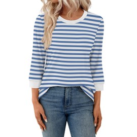 XIEERDUO Womens Tops 3/4 Sleeve T Shirts for Women UK Ladies Crew Neck Tunic Colour Block Summer Fashion Loose Blue Striped Size 14-16