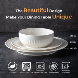 LERATIO Ceramic Dinnerware Sets,Handcraft Embossed Stoneware Plates and Bowls Sets,Highly Chip and Crack Resistant | Dishwasher & Microwave & Oven Safe Dishes set,Service for 4 (12pc)-White