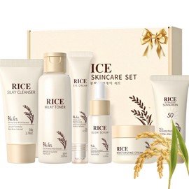 6PCS Rice Skin Care Sets, Korean Glass Skin Kit, Skincare Gifts for Teenage, Pamper Gifts for Women, Rice Toner, Cleanser, Sunscreen SPF 50+, Glow Serum, Face Cream, Eye Cream, Hydrating, Even Tone