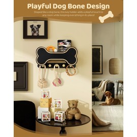 MTERSN Decorative Dog Leash Holder for Wall - Dog Stuff Organizer and Dog Bone Key Holder Wall Mount with 5 Cute 3D Dog Paw Hooks & Storage Shelf - Apartment Essentials (Black)