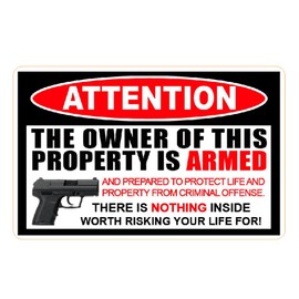 Generic Gun Sign, The Owner of This Property is Armed Sign Sticker, 5.9x3.7 Inches,, Red White Black, tys87