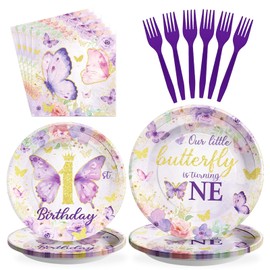 Grencian 96PCS Butterfly First Birthday Decorations Butterfly 1st Birthday Party Plates Disposable Butterfly Tableware Set for Baby Shower Butterfly One-Year-Old Birthday Party Supplies, Serves 24
