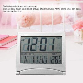 Digital Alarm Clock, Folding Alarm Clock with Calendar/Temperature/Timer LCD Clock with Snooze Mode, 8 Groups Alarm Music, Compact Desk Clock for Travel/Business/Home