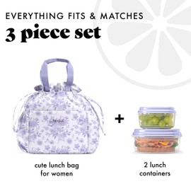Fit & Fresh Cromwell Drawstring Lunch Bag for Women, Complete Lunch Set with 2 Containers, Stain-Resistant, Leak-Resistant, Back to School Essential, Teacher Lunchbox, Lavender Floral Toile