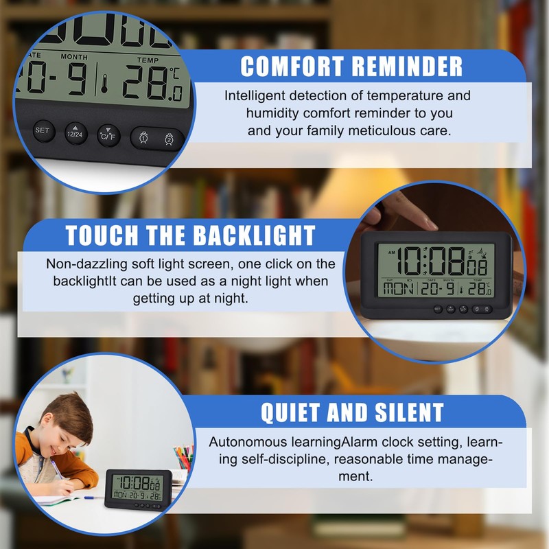 Digital Radio-Controlled Alarm Clock with Thermometer, Alarm Clock Digital with