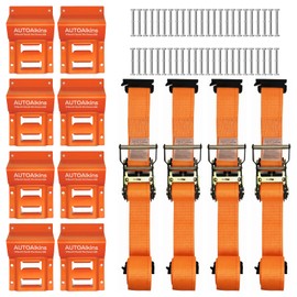 AUTOAlkins Wheel Chock Tie Down Kit, 4,400lb Break Strength — 4 Heavy Duty E-Track Tire Ratchet Straps & 8 Steel Wheel Chocks, Complete Trailer Tie Down System for ATV, UTV, Lawn Mower & SxS (Orange)