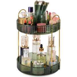 UrbAmerican 360° Rotating Makeup Organizer for Vanity, Large Capacity Bathroom Countertop Skincare Organizer, Spinning Perfume Cosmetics Organizer for Dresser Countertop, 2 Tier Green