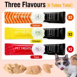 Xcdsxer Cat Treats,Lickable Cat Treats,Squeezable Cat Treats,Nutritionally Balanced to Promote Your Cat's Healthy Growth,0.53 Ounces Each Tube,6 Tubes,Tuna,Salmon,and Chicken Flavors (Mix Flavor)