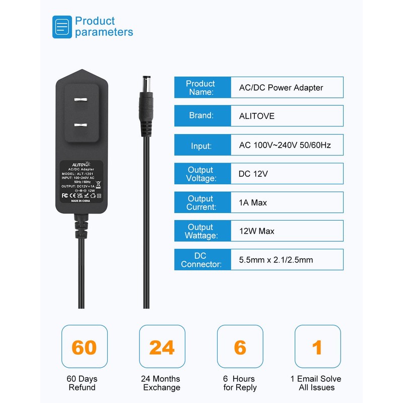 ALITOVE DC 12V 1A Power Supply 12W AC Adapter 100~240V