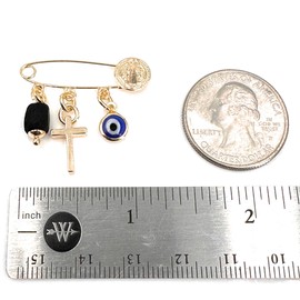 LESLIE BOULES Gold Plated Saint Benedict Baby Brooch Jeweled Safety Pin Genuine Azabache and Evil Eye Pendant Protection Jewelry