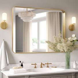 KOMCOTE Gold Bathroom Mirror, Gold Metal Frame Mirror, 24"x36" Gold Bathroom Vanity Mirror Wall-Mounted, Wall Mirror for Entryway, Bathroom, Vanity, Living Room