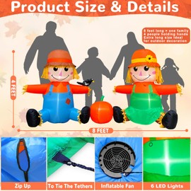 TURNMEON 8FT Long Fall Inflatables Outdoor Decorations, Inflatable Scarecrow Couples with Crow Pumpkin Built-in LED Fall Autumn Harvest Thanksgiving Inflatables Blow Ups for Outside Yard Garden Lawn