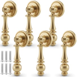 Roowest 6 Pack Solid Brass Drop Cabinet Pulls 2.5 Inch, Brushed Gold Cabinet Knobs for Dresser and Drawers, Decorative Vintage Brass Cupboard Knob Durable Pendant Knobs for Kitchen Cabinets Wardrobe